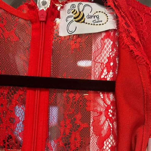 Red Lace Evening Gown W Bodycon Bodysuit Deep V- Front Slit Trumpet Sexy Dress - Picture 11 of 15